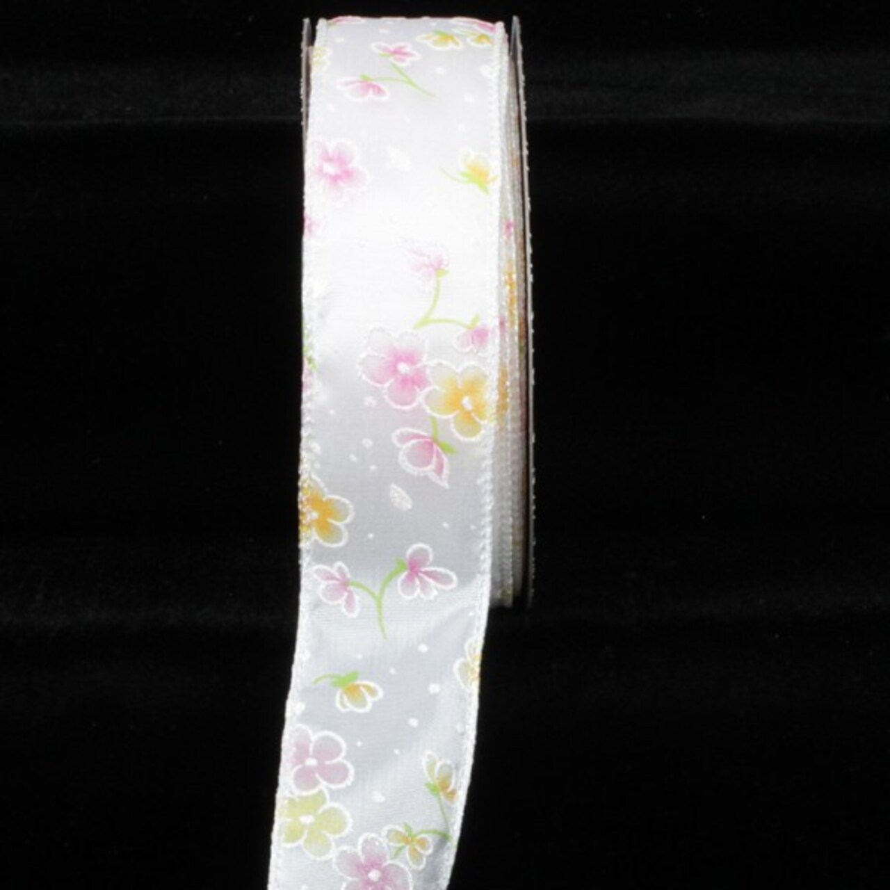 The Ribbon People White and Pink Flower Print with Pearl Edge Wired Craft Ribbon 1.5" x 80 Yards